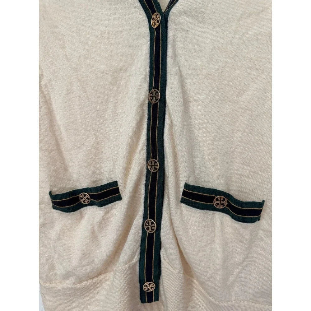 Tory Burch Madeline Merino Wool V-Neck Ivory Cardigan Green Black Trim XS